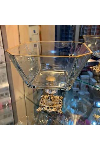 Atabey Home Metal Ayaklı Gold Detaylı Cam Büyük Boy Salata Servis Kasesi