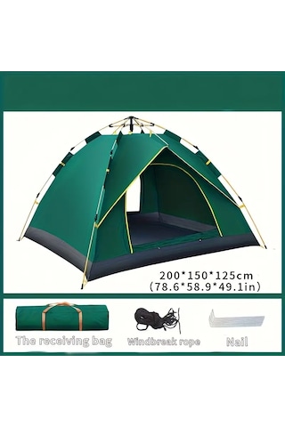 Çift Kapılı Otomatik Kurulum Kamp Çadırı 3 Kişilik Kolay Kurulum Piknik Plaj Çadır 200x150x125cm Yeşil