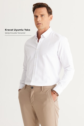 AC&Co / Altınyıldız Classics Erkek Beyaz Slim Fit Dar Kesim Oxford Düğmeli Yaka Armürlü Pamuklu Gömlek Beyaz