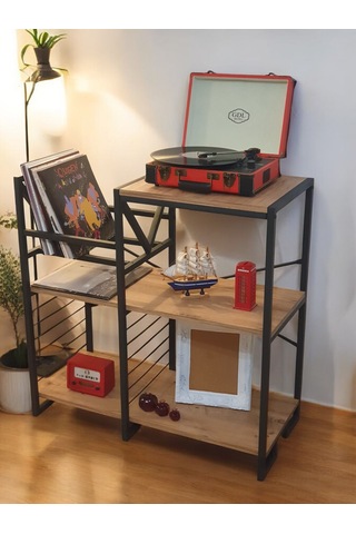 Plak Standı Metal Gövdeli Ahşap Raflı Pilak Köşesi Dresuar Siyah