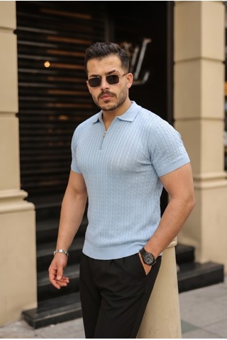 Veraura Lifestyle Erkek Örgü Desen Fermuar Yakalı Triko Tişört Bebe Mavisi