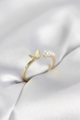 İncili Kelebek Model Gold Renk Pirinç Kadın Yüzük Altın