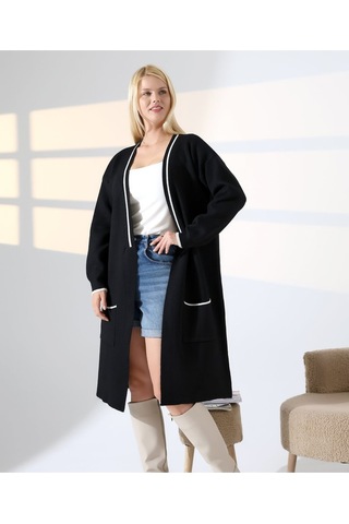 Redmina Fashion Cep Detaylı Dikişli Kuşaklı Triko Hırka Siyah