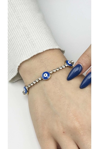 Su Yolu Zirkon Taşlı, Zincir Bileklik 386, 3lü Nazar Figürlü, Altın Renk Gümüş