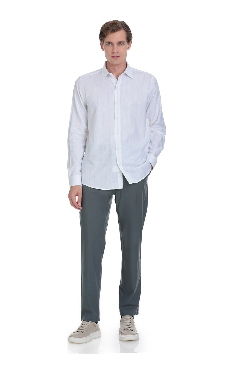 Hatemoğlu Gri Comfort Fit Çizgili Slim Yaka 100% Pamuk Uzun Kollu Spor Gömlek 4112030