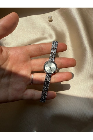 Retro Minimal Hasır Kordon Vintage Kadın Kol Saati Yuvarlak Gümüş