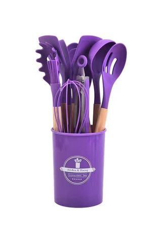 Kangvka Ahşap Saplı Silikon Mutfak Gereçleri 12'li Set - Tencere Uyumlu, Yıkama Kolay, Organize Depolama Kova İle Pembe Diğer