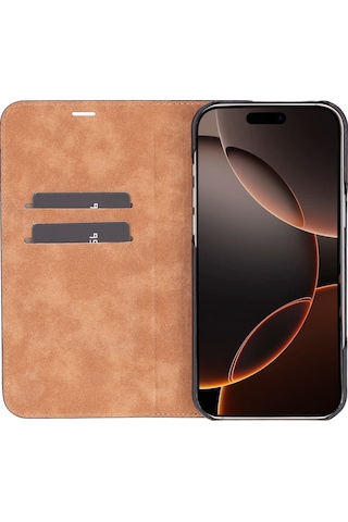 Apple Uyumlu iPhone 16 Pro Max , Hakiki Deri, El Yapımı, Cüzdanlı Kılıf, Parlak Siyah