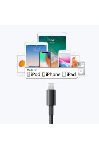 Omars MFI Sertifikalı USB to Lightning Apple Uyumlu iPhone / iPad Hızlı Şarj ve Data Kablosu 1 Metre Siyah