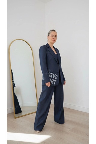 Byemelika Tasarım Baskılı Denim Blazer Lacivert