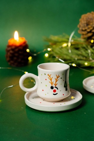 2 Li Takım Yılbaşı Geyikli , El Yapımı Kazan Seramik Kahve Fincanı, Kahve Fincanı, Hand Made Beyaz