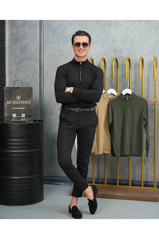 Modefendi Pamuk Likra Slim Fit Yarım Fermuarlı Kazak Siyah
