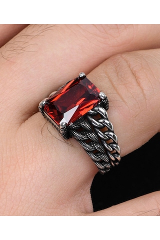 Prestij Gümüş Gemici Zincir Modeli Kırmızı Zirkon Taşlı 925 Ayar Gümüş Erkek Yüzüğü 800927