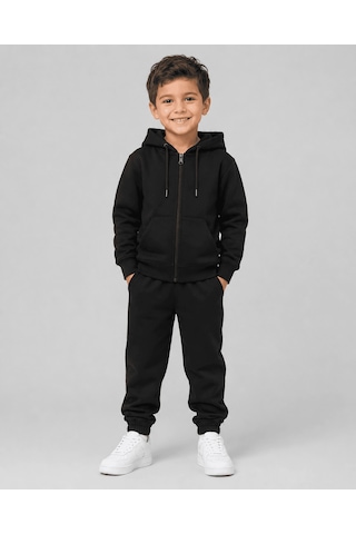 Eray Alp Kids Unisex Çocuk Siyah Kapüşonlu Fermuarlı Eşofman Takımı Günlük Rahat Kombin
