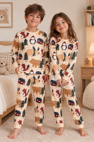 Zuzunga Sevimli Kardan Adam-penguen Desenli %100 Pamuk Unisex Çocuk Pijama Takımı Krem