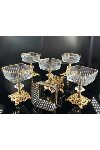 Assa Bazaar 6 Adet Gold Ayaklı Cam Magnolia Kase Dondurmalık Şekerlik Tatlı Sunumluk Altın