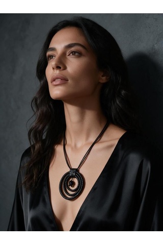 Üçlü Siyah Halka Tasarım Örgü Deri Kadın Kolye - Modern Boho Uzun İpli Madalyon Kolye