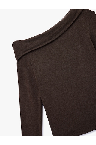 Koton Slim Fit Uzun Kollu Omzu Açık Tişört Kahverengi 6wal10464ık Kahve