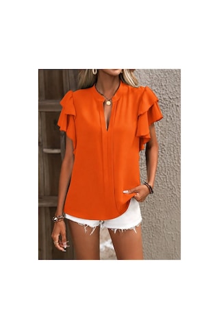 Butik İstanbul Kadın Kısa Kollu V Hakim Yaka Kolları Fırfırlı Dubai Bluz Turuncu