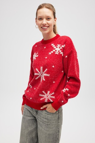 Peraluna Snowflake Kartanesi Desenli Unisex Yılbaşı Kazağı - Kırmızı Kırmızı
