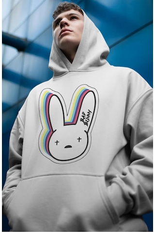 Sevbano Bad Bunny Rapper Şarkıcı Ön Baskılı Unisex Oversize Premium Hoodi beyaz