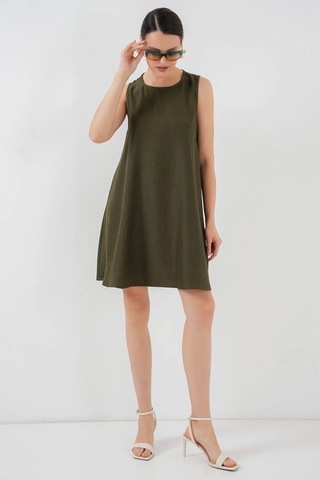 Defymoda 2444 Mini Keten Elbise - Haki Haki