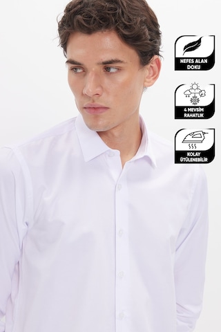 Tudors Slim Fit Uzun Kollu Kolay Ütü Teri Emen Nefes Alan Doku Kravatlık Dört Mevsim Erkek Gömlek-24607 Beyaz