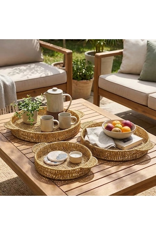 Durukar İç İçe Geçebilen 3 Lü Yuvarlak Plastik Rattan Tepsi Seti Hasır Görünümlü Çok Amaçlı Servis