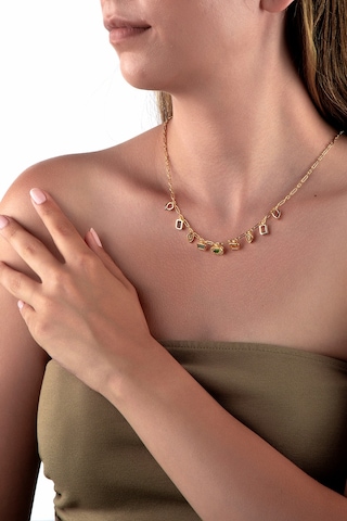 Altın Renkli İnce Zincirli Pastel Renk Taşlı Geometrik Charm Kolye Altın