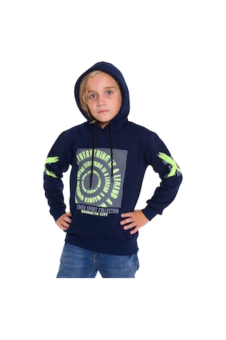 İrem Çocuk Giyim Erkek Çocuk Everythink Yazı Desenli Üç Iplik Şardonlu Kapüşonlu Sweatshirt Lacivert
