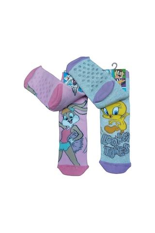 2'li Looney Tunes Tabanı Kaydırmaz Kışlık Havlu Çocuk Çorap-pembe-gri