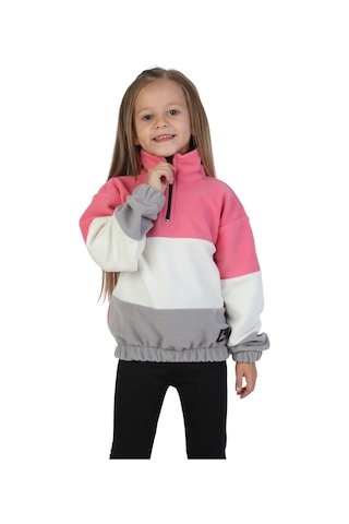 Erdem Kıds Kız Çocuk Dik Yaka Fermuarlı Sweatshirt-kazak Beli Lastikli Çok Renkli Kışlık Polar Sweat Pembe-ekru-gri Pembe-ekru-gri