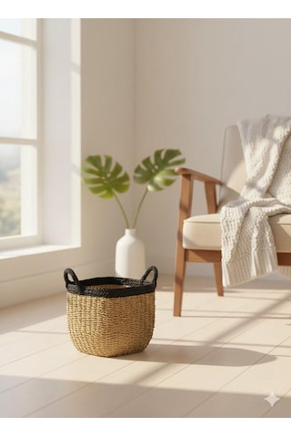 Kare Siyah Detaylı Sepet Küçük 30x27x25 Cm Kahverengi