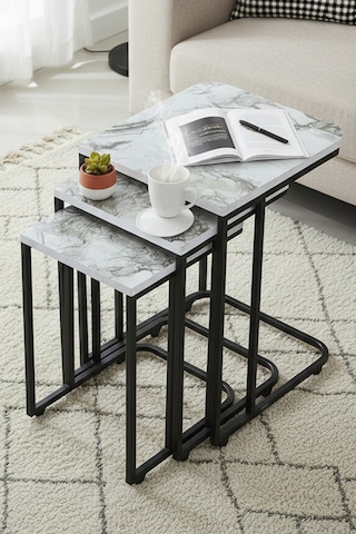 Nemeron Tekerlekli Zigon Sehpa 3lü Yan Sehpa Servis Sehpası Üçlü Çay Sehpası Metal Koltuk Sehpası - Beyaz Beyaz