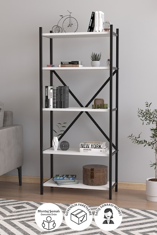 5 Raflı Dekoratif Metal Ofis Kitaplığı Aksesuar Rafı Troya Beyaz