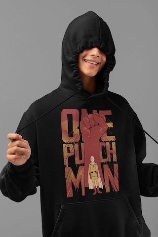 Sevbano Saitama Anime Karakter Baskılı Unisex Hoodie, Oversize One Punch Siyah