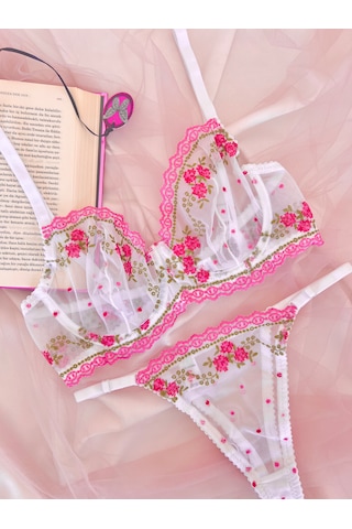 Arinda Gemma Çiçek Desenli Beyaz İşlemeli Brode Kapsız Balenli Bralette C Cup Sütyen Tanga Alt Üst Çamaşırı Takımı 2 Parça