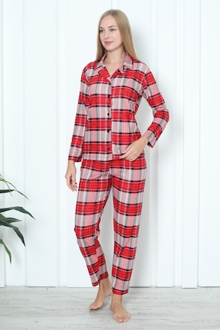 Wordex Mr 3707 Boydan Düğmeli Soft Süet Kışlık Kareli Kadın Pijama Takımı Kırmızı