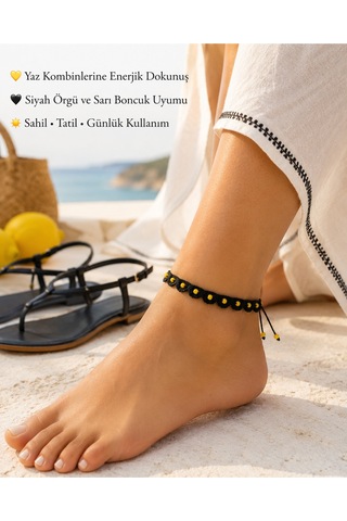 Boncuklu Halhal El Örgüsü Ayarlanabilir Bohem Yazlık Ayak Bileği Takısı Siyah