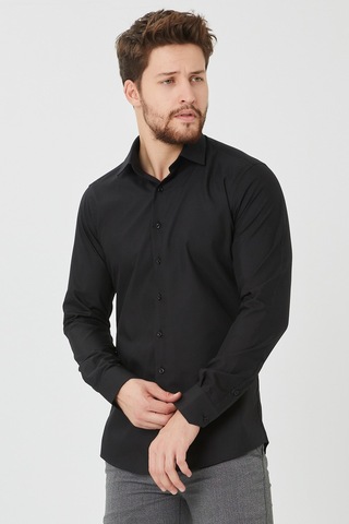 Bawcompany Erkek Siyah Slim Fit Düz Büyük Beden Gömlek
