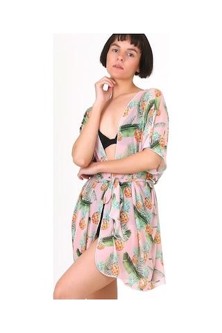 Pareo Plaj Elbisesi Kimono Std Yazlık Oversize Tül Gömlek Kemerli Elbise Ananas Somon