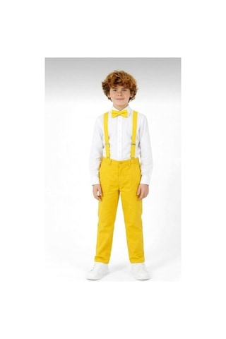 Nacar Store Erkek Çocuk 23 Nisan 29 Ekim Beyaz Uzun Kollu Gömlek Sarı Pantolon Sarı Askı Papyon Takım