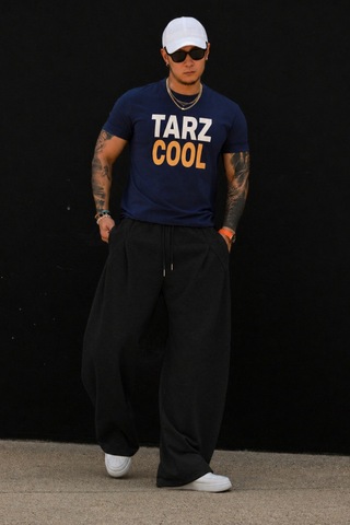Tarz Cool Erkek Oversize Eşofman Altı Bağcıklı Rahat Kalıp Günlük Basic Jogger Pantolon Siyah