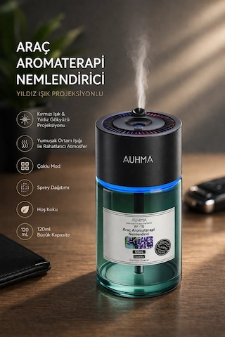 Auhma Af-10 Şarjlı Araç İçi Nemlendirici & Aromaterapi Difüzörü - Yıldız Projeksiyonlu, 120ml