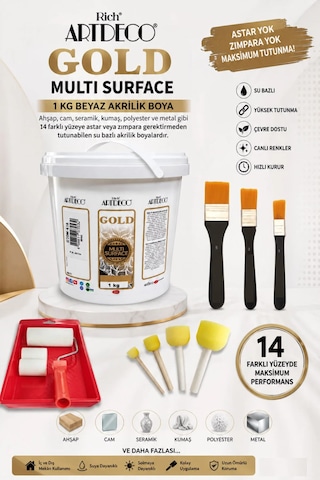 Artdeco Multi Surface Akrilik Boya 1 Kg Beyaz Rulo Ve Fırça Tavası I Tampon Sünger Takımı Zemin Fırça Seti Karışık Renk