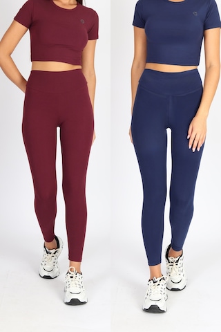 Soft&Basic Kadın 2'li Slım Fit Toparlayıcı Ve Esnek Kumaş Bordo-lacivert Tayt Bordo-lacivert