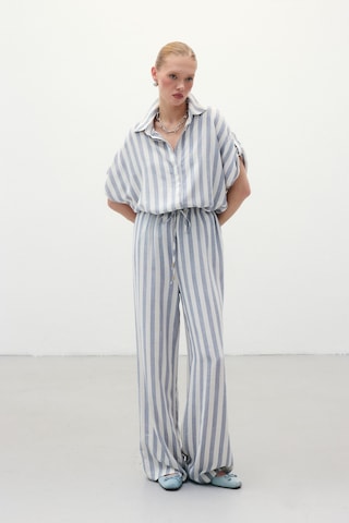 Sateen Çizgili Keten Karışımlı Pantolon - Lacivert-136316 Lacivert