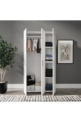 Soft 3 Kapaklı Beyaz Gardırop, Elbise Dolabı