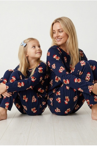 Siyah İnci %100 Pamuklu Şeker Baston Desenli Yılbaşı Temalı Örme Pijama Takım Lacivert Ayıcık