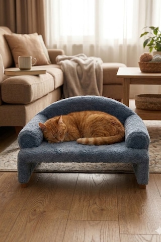 Reyo Pet Peluş Kedi Oturma Koltuğu Kedi Yatağı Çelik Mavisi